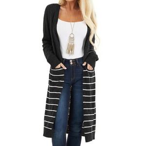 BLACK WITH WHITE STRIPES POCKETED LONG CARDIGAN SIZE XL 16-18
